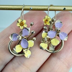 Vintage Enamel Flower‎ Bouquet Earrings Gold Tone Yellow Rhinestone Spring